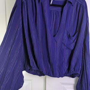 Free People Deep Purple Blouse with Stripes Dolman Sleeve Cropped Sz:L